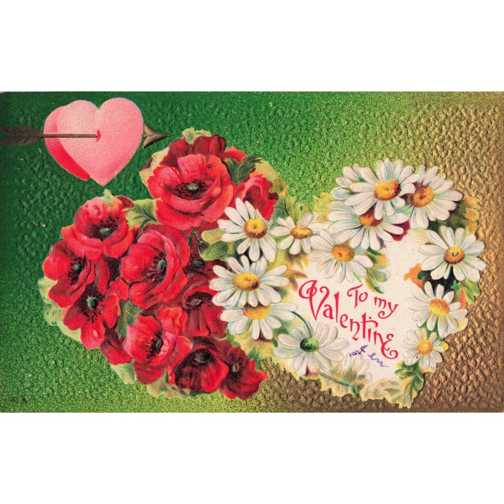 Antique Valentine Postcard Embossed Red Poppies White Daisies Heart Flower - Picture 1 of 2